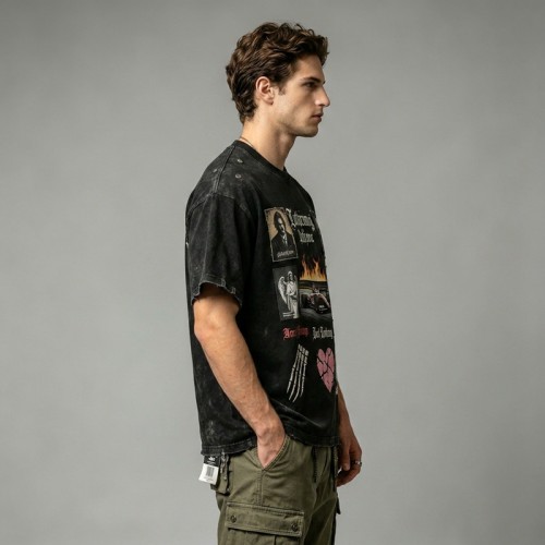 Washed DTG Patch Embroidery Rivet Oversized Distressed Tee | Frayed Raw Cuff Hem | OEM Streetwear