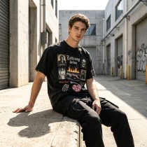 Washed DTG Patch Embroidery Rivet Oversized Distressed Tee | Frayed Raw Cuff Hem | OEM Streetwear