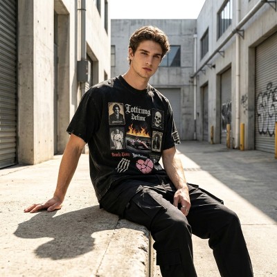 Washed DTG Patch Embroidery Rivet Oversized Distressed Tee | Frayed Raw Cuff Hem | OEM Streetwear