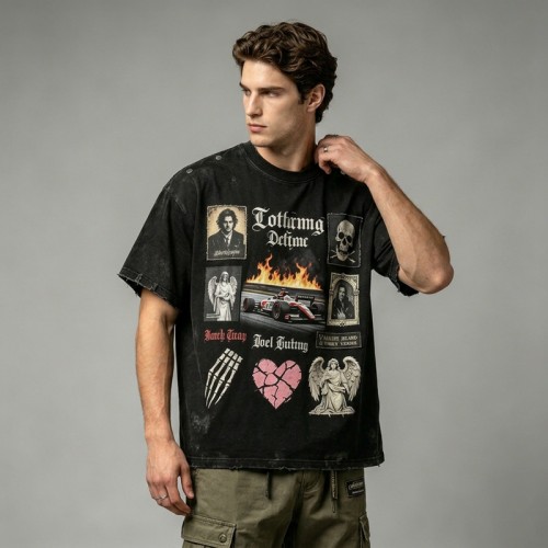 Washed DTG Patch Embroidery Rivet Oversized Distressed Tee | Frayed Raw Cuff Hem | OEM Streetwear