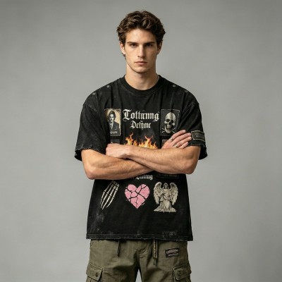 Washed DTG Patch Embroidery Rivet Oversized Distressed Tee | Frayed Raw Cuff Hem | OEM Streetwear
