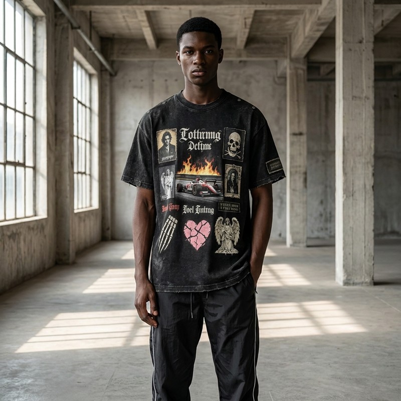 Washed DTG Patch Embroidery Rivet Oversized Distressed Tee