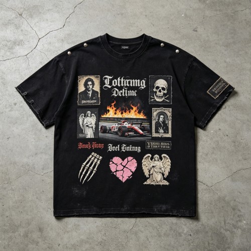 Washed DTG Patch Embroidery Rivet Oversized Distressed Tee | Frayed Raw Cuff Hem | OEM Streetwear