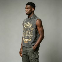 Washed DTG Motorcycle Print Rivet Collar Sleeveless Vest | Frayed Raw Hem | Streetwear Clothing Manufacturer