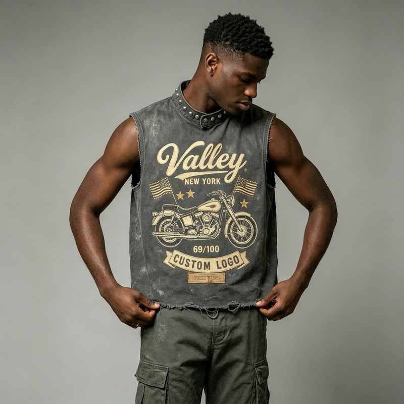 Washed DTG Motorcycle Print Rivet Collar Sleeveless Vest