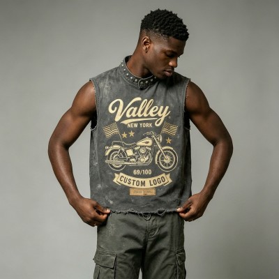 Washed DTG Motorcycle Print Rivet Collar Sleeveless Vest | Frayed Raw Hem | Streetwear Clothing Manufacturer