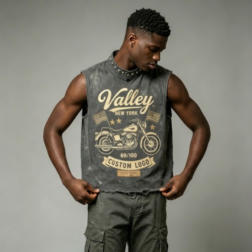 Washed DTG Motorcycle Print Rivet Collar Sleeveless Vest | Frayed Raw Hem | Streetwear Clothing Manufacturer