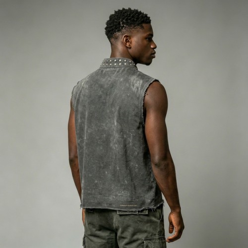 Washed DTG Motorcycle Print Rivet Collar Sleeveless Vest | Frayed Raw Hem | Streetwear Clothing Manufacturer