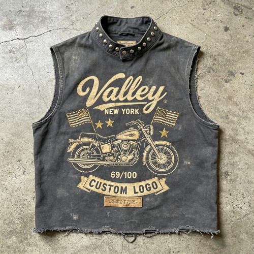 Washed DTG Motorcycle Print Rivet Collar Sleeveless Vest | Frayed Raw Hem | Streetwear Clothing Manufacturer