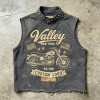 Washed DTG Motorcycle Print Rivet Collar Sleeveless Vest | Frayed Raw Hem | Streetwear Clothing Manufacturer