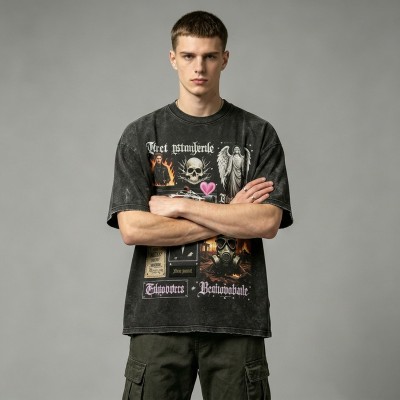 Washed DTG F1 Racing Skull Collage Oversized Tee | Distressed Frayed Edge | Streetwear Manufacturer