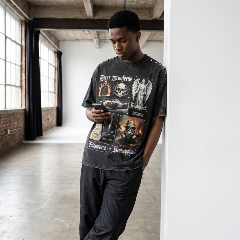 Washed DTG F1 Racing Skull Collage Oversized Tee