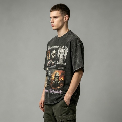 Washed DTG F1 Racing Skull Collage Oversized Tee | Distressed Frayed Edge | Streetwear Manufacturer