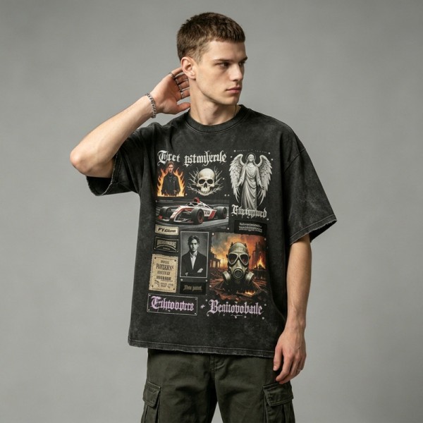 Washed DTG F1 Racing Skull Collage Oversized Tee | Distressed Frayed Edge | Streetwear Manufacturer