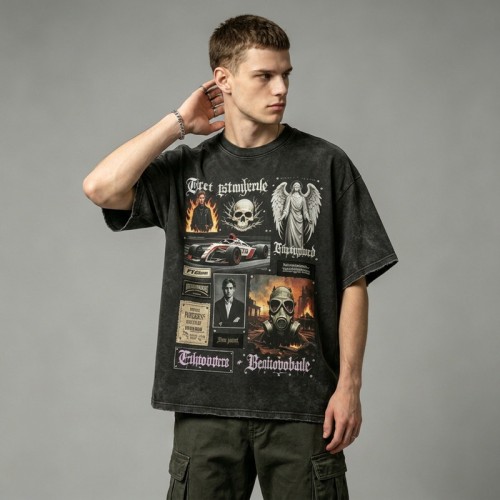Washed DTG F1 Racing Skull Collage Oversized Tee | Distressed Frayed Edge | Streetwear Manufacturer