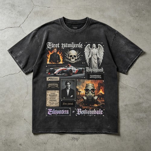 Washed DTG F1 Racing Skull Collage Oversized Tee | Distressed Frayed Edge | Streetwear Manufacturer