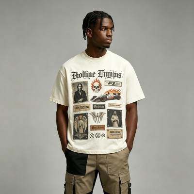 Distressed Appliqué Patchwork Printed Washed T-shirt | 100% Cotton Oversized Fit | Custom Streetwear