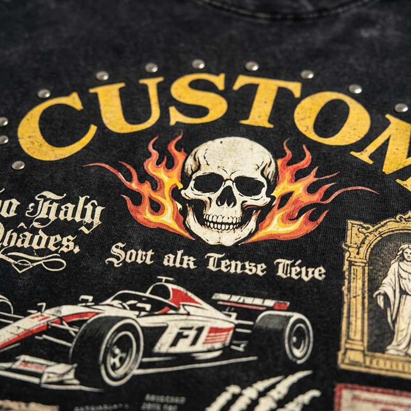 Vintage Washed Rivet Patch Print T-shirt