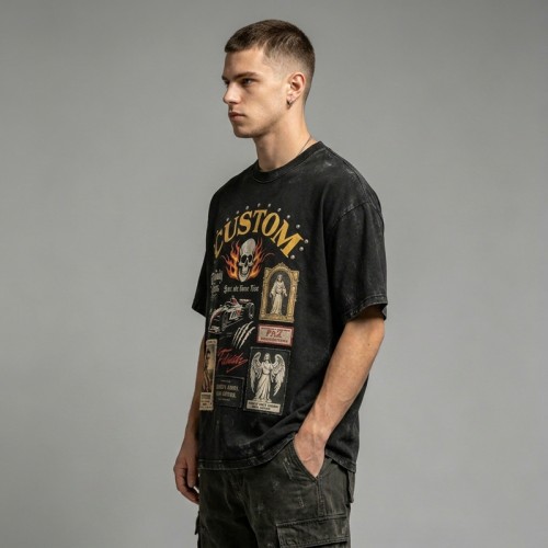 Vintage Washed Rivet Patch Print T-shirt | Street Daily Outfit | Custom Streetwear Manufacturer