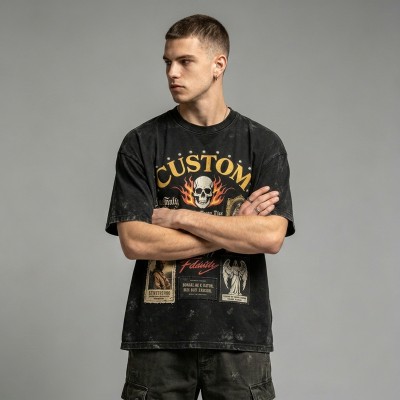 Vintage Washed Rivet Patch Print T-shirt | Street Daily Outfit | Custom Streetwear Manufacturer