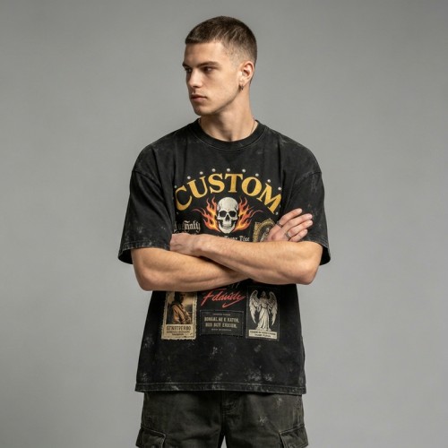 Vintage Washed Rivet Patch Print T-shirt | Street Daily Outfit | Custom Streetwear Manufacturer