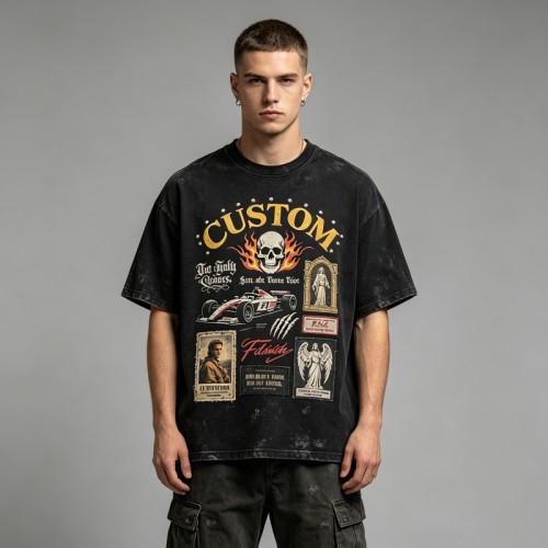 Vintage Washed Rivet Patch Print T-shirt | Street Daily Outfit | Custom Streetwear Manufacturer