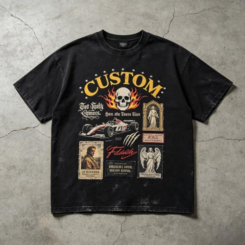 Vintage Washed Rivet Patch Print T-shirt | Street Daily Outfit | Custom Streetwear Manufacturer