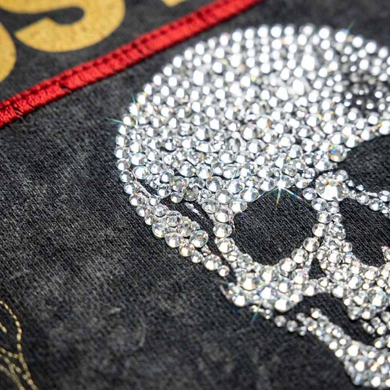 Rhinestone Skull Distressed Raw Edge Washed T-shirt