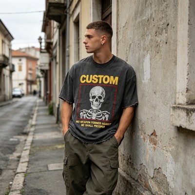 Rhinestone Skull Distressed Raw Edge Washed T-shirt | 100% Cotton | Custom Streetwear Manufacturer