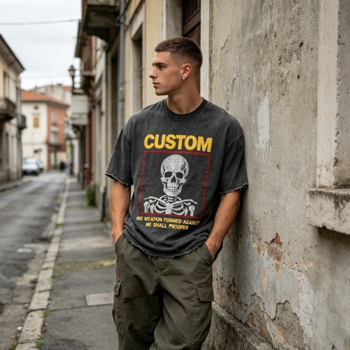 Rhinestone Skull Distressed Raw Edge Washed T-shirt | 100% Cotton | Custom Streetwear Manufacturer