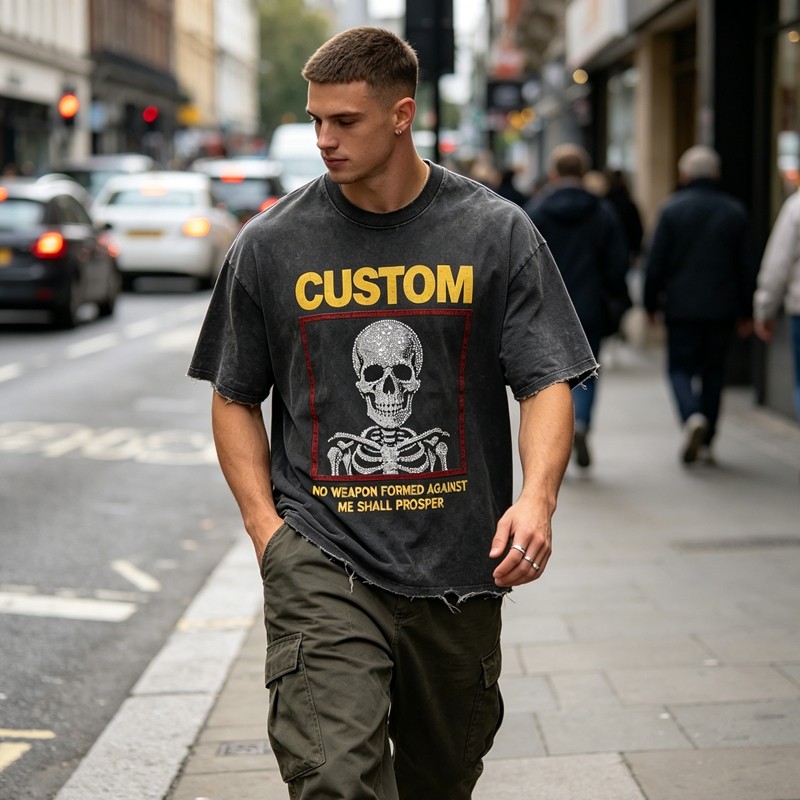 Rhinestone Skull Distressed Raw Edge Washed T-shirt