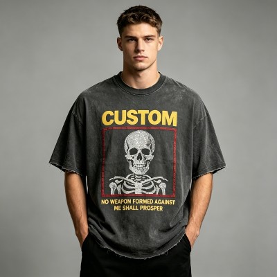 Rhinestone Skull Distressed Raw Edge Washed T-shirt | 100% Cotton | Custom Streetwear Manufacturer