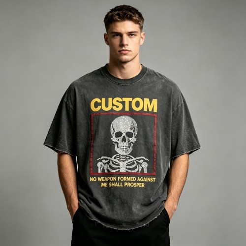 Rhinestone Skull Distressed Raw Edge Washed T-shirt | 100% Cotton | Custom Streetwear Manufacturer