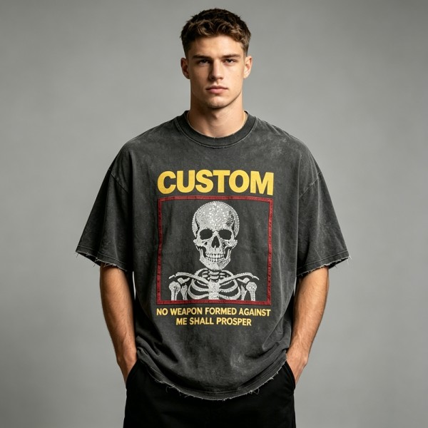 Rhinestone Skull Distressed Raw Edge Washed T-shirt | 100% Cotton | Custom Streetwear Manufacturer