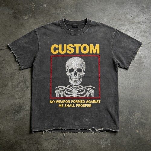 Rhinestone Skull Distressed Raw Edge Washed T-shirt | 100% Cotton | Custom Streetwear Manufacturer