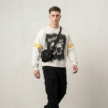 Washed DTG Fist Graphic Print Double Stripe Crew t-shirt | French Terry Oversized Crew Neck | Clothing Manufacturer