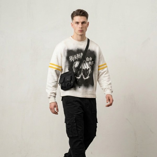Washed DTG Fist Graphic Print Double Stripe Crew t-shirt | French Terry Oversized Crew Neck | Clothing Manufacturer