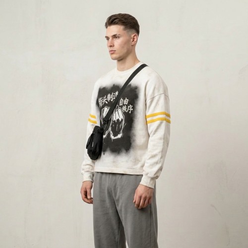 Washed DTG Fist Graphic Print Double Stripe Crew t-shirt | French Terry Oversized Crew Neck | Clothing Manufacturer