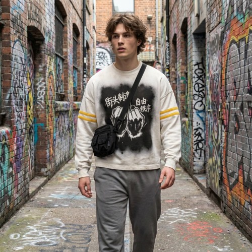 Washed DTG Fist Graphic Print Double Stripe Crew t-shirt | French Terry Oversized Crew Neck | Clothing Manufacturer