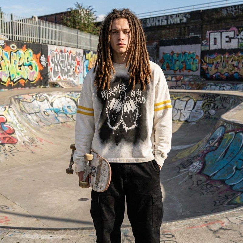 Washed DTG Fist Graphic Print Double Stripe Crew t-shirt