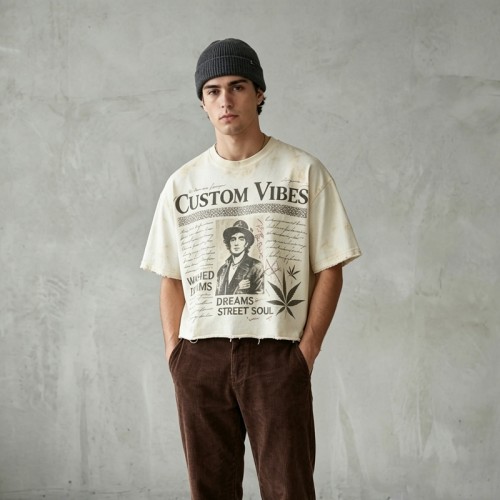 Washed Spray Dye DTG Print Crop T-shirt | Vintage Distressed Frayed Hem | 100% Cotton Oversized Fit | Custom Streetwear