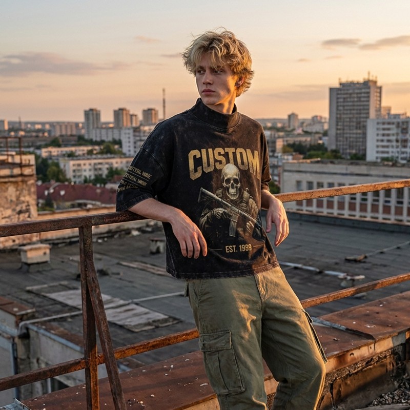 Washed DTG Soldier Skull Mock Neck Cropped Oversize Tee