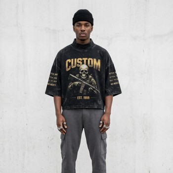 Washed DTG Soldier Skull Mock Neck Cropped Oversize Tee | Boxy Fit | Military Punk Streetwear | OEM Streetwear
