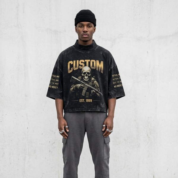 Washed DTG Soldier Skull Mock Neck Cropped Oversize Tee | Boxy Fit | Military Punk Streetwear | OEM Streetwear