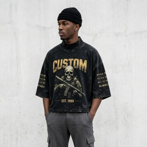 Washed DTG Soldier Skull Mock Neck Cropped Oversize Tee | Boxy Fit | Military Punk Streetwear | OEM Streetwear