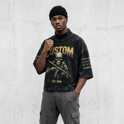 Washed DTG Soldier Skull Mock Neck Cropped Oversize Tee | Boxy Fit | Military Punk Streetwear | OEM Streetwear