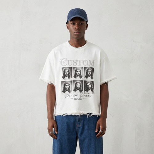 Rhinestone and DTG Print Crop T-shirt | Frayed Hem Distressed | Custom Streetwear Manufacturer