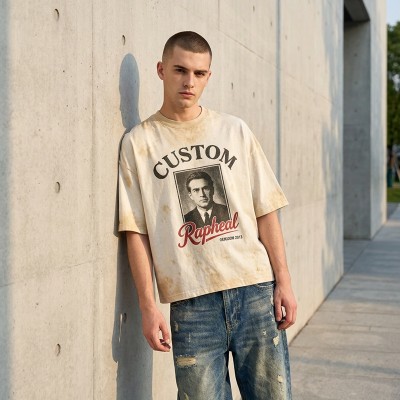 Spray Dye Washed DTG Portrait Letter Oversized Tee | Crew Neck Top | Retro Casual Streetwear | Clothing Manufacturer