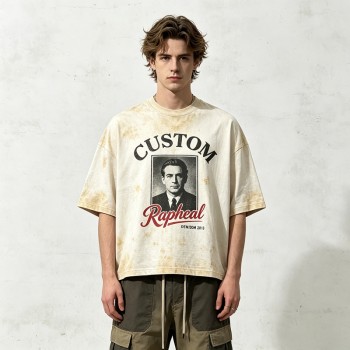 Spray Dye Washed DTG Portrait Letter Oversized Tee | Crew Neck Top | Retro Casual Streetwear | Clothing Manufacturer