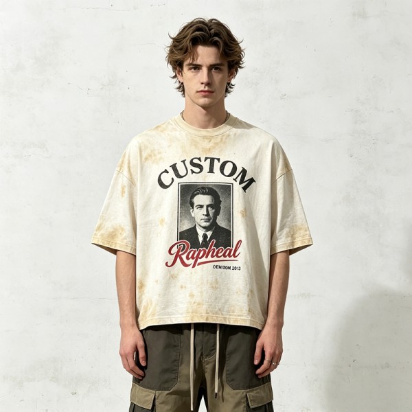 Spray Dye Washed DTG Portrait Letter Oversized Tee | Crew Neck Top | Retro Casual Streetwear | Clothing Manufacturer